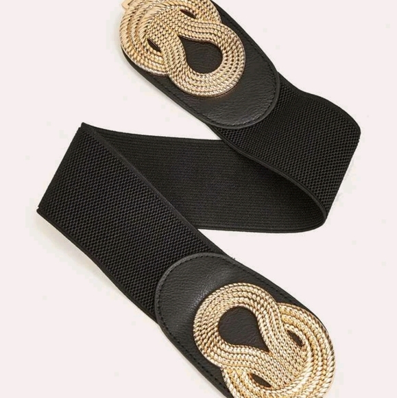 Boho Corset Black wide waist elastic stretch metal gold swirl buckle dress belt - Picture 8 of 9